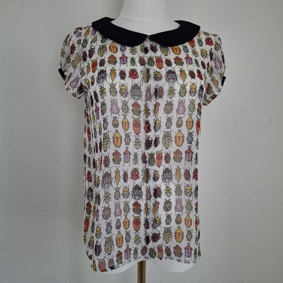 Zara Sheer Beetle Bug Peter Pan Collar Shortsleeve Blouse - Picture 2 of 10